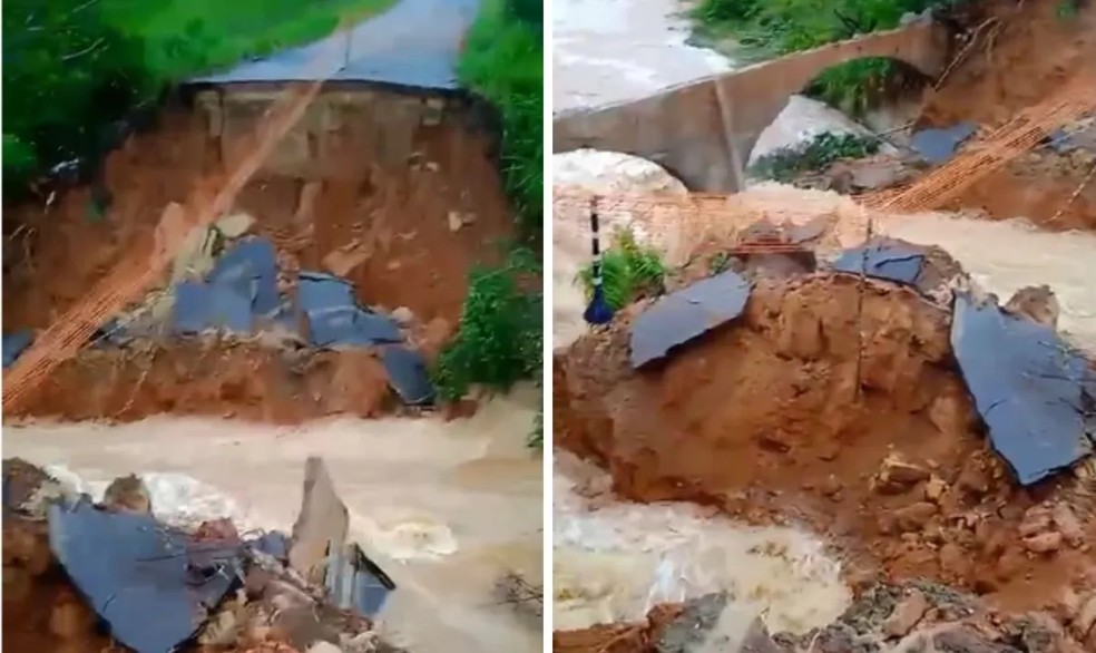 Trecho de rodovia é interditada após forte chuva causar cratera na Bahia — Foto: Divulgação/TV Bahia