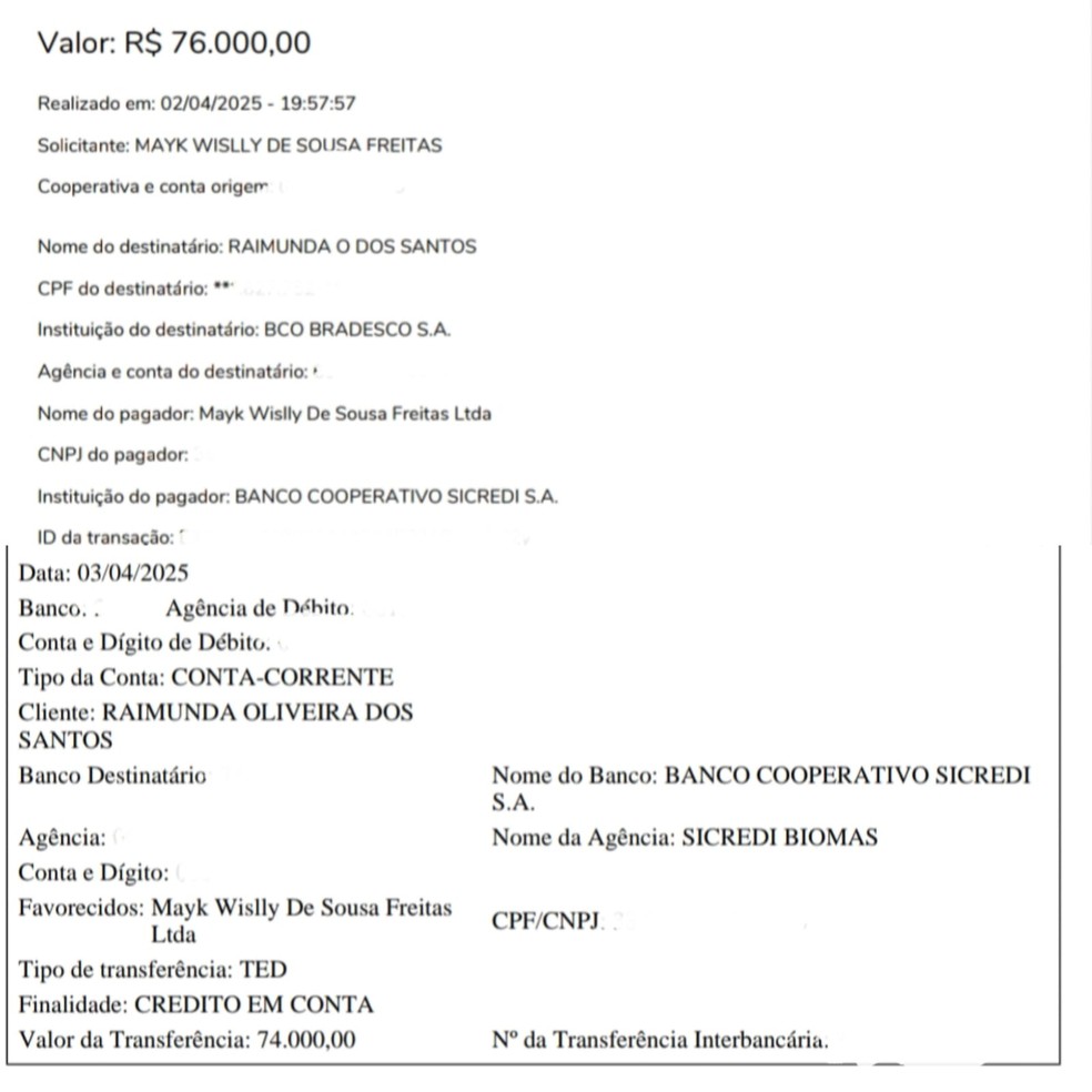Primeiro comprovante mostra que Mayk Freitas enviou R$ 76 mil para Raimunda do Santos; segundo comprovante mostra que a aposentada devolveu R$ 74 mil — Foto: Reprodução