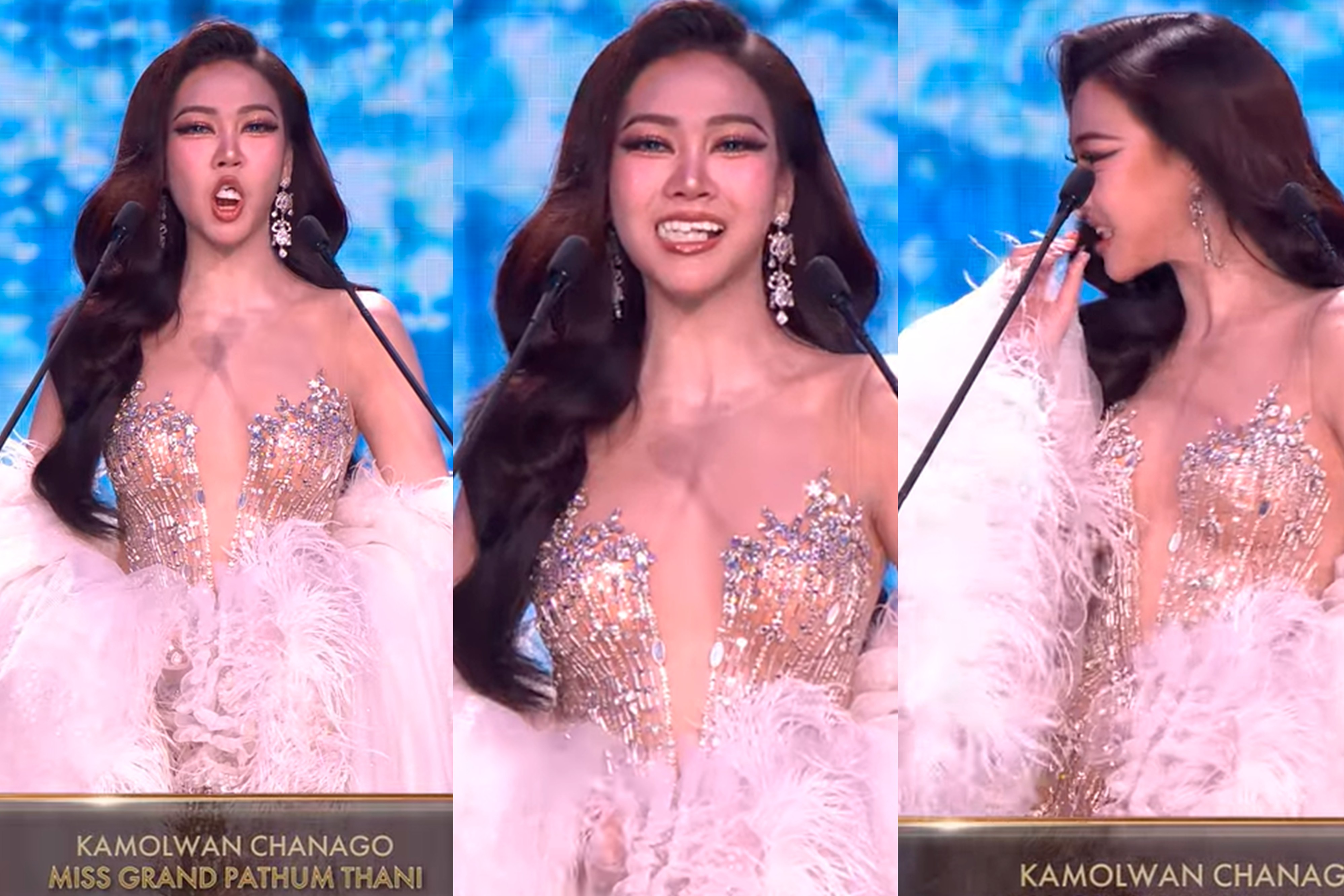 Dentes falsos de candidata ao Miss Grand Thailand 2026 caem durante apresentação 