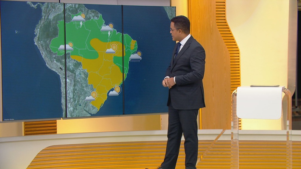 Área em amarelo no mapa mostra a possibilidade de tempo seco e sem chuvas nesta sexta — Foto: Reprodução/TV Globo