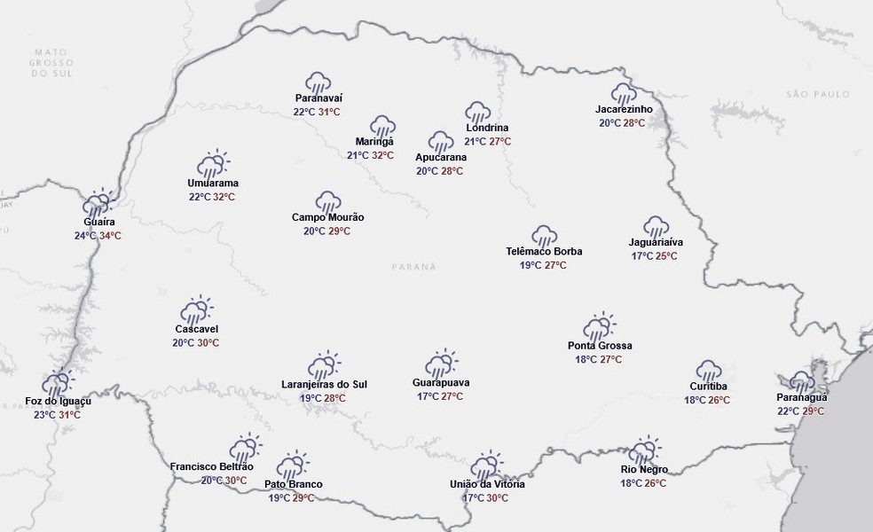 Previsão para quinta-feira, 29 de janeiro — Foto: Reprodução/Simepar