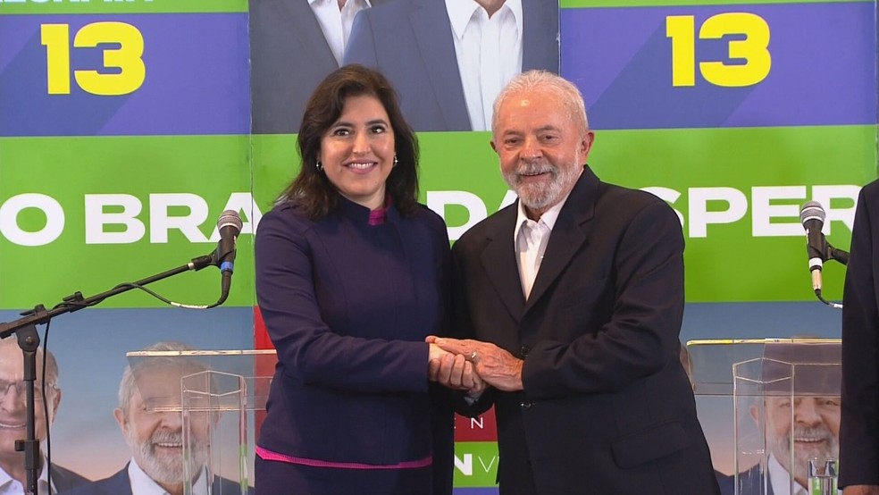 Simone Tebet e Lula durante encontro em SP. — Foto: Reprodução/TV Globo