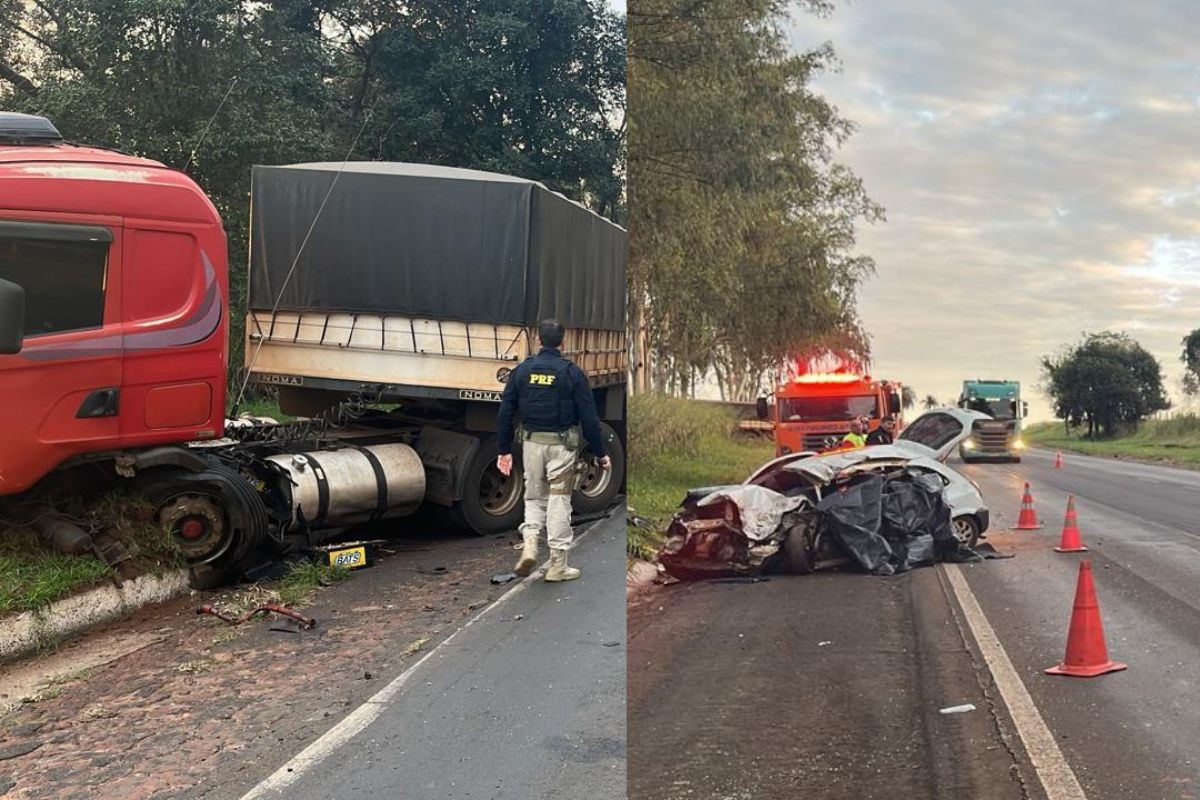 Carro invade pista contrária, bate em carreta e dois homens morrem em rodovia do Paraná