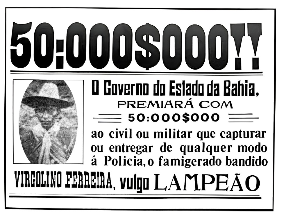 Cartaz que oferecia recompensa pela captura de Lampião utilizando fotografia dele na visita a Juazeiro do Norte — Foto: Acervo Museu da Fotografia do Cariri/Casa de Telma Saraiva