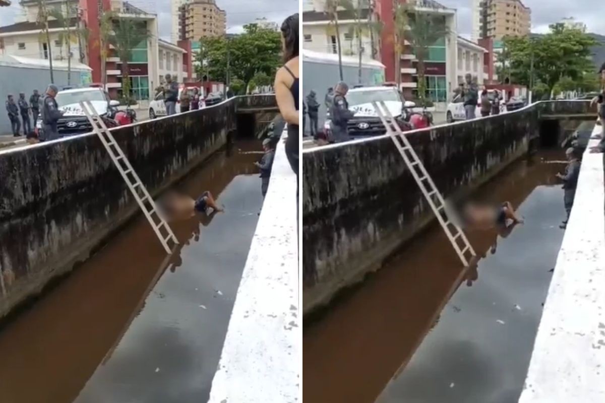 Homem cai em canal e é resgatado pelos bombeiros no litoral de SP; VÍDEO