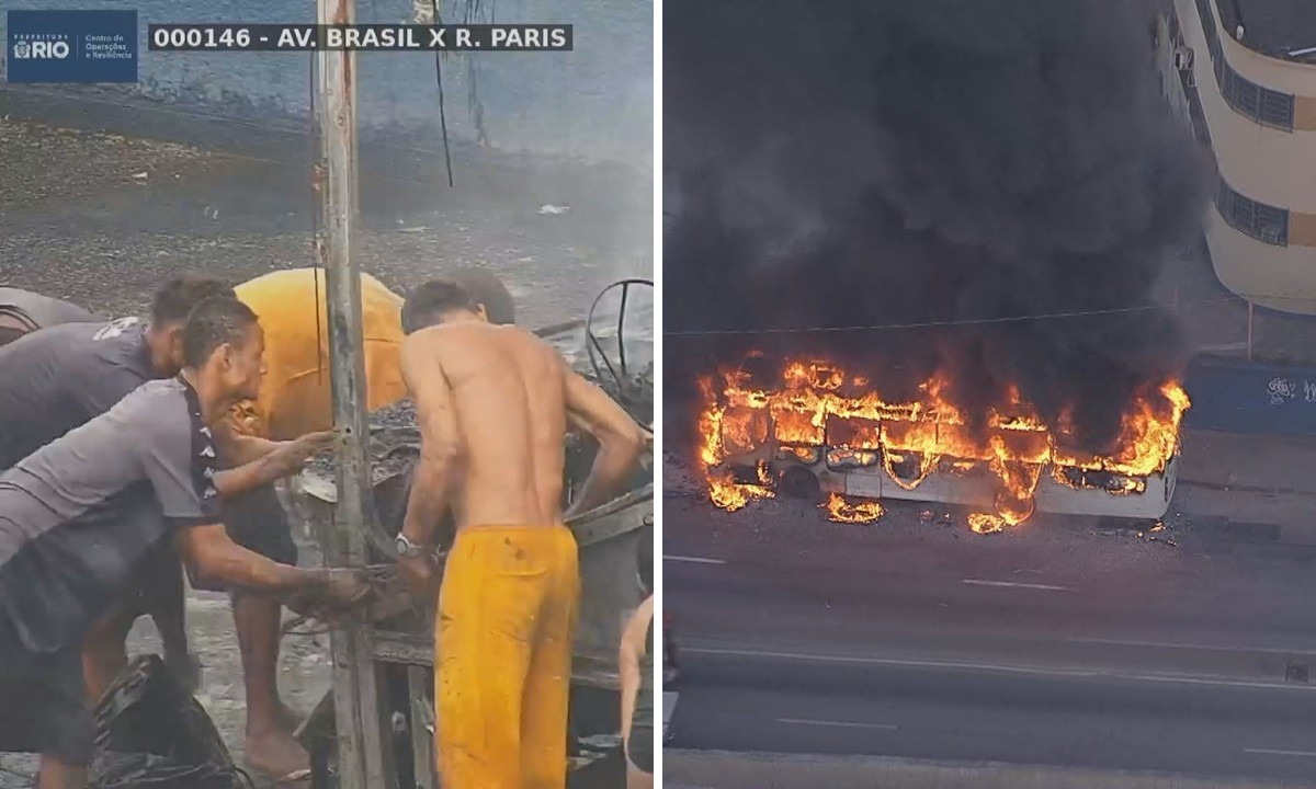 VÍDEO: grupo depena carcaça de ônibus incendiado na Avenida Brasil enquanto veículo ainda soltava fumaça