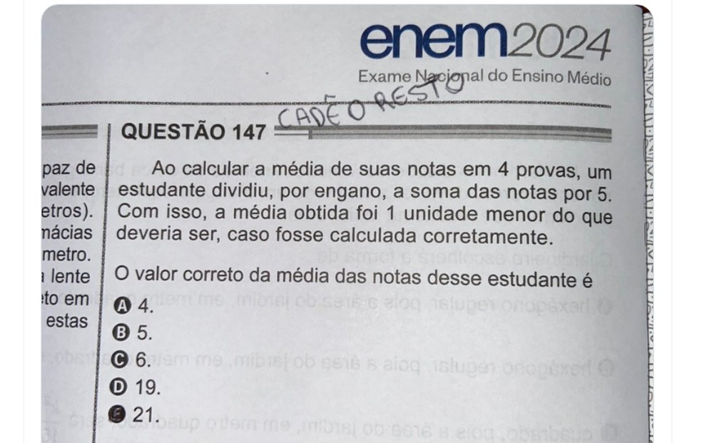 Questão de matemática do Enem 2024 viraliza nas redes sociais — Foto: Reprodução/Redes sociais