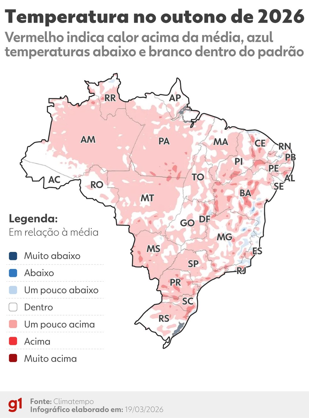Temperaturas previstas no outono de 2026. — Foto: Arte/g1 - Dhara Pereira