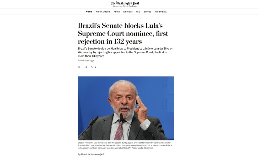 Notícia sobre a rejeição de Messias ao STF no The Washington Post — Foto: Reprodução