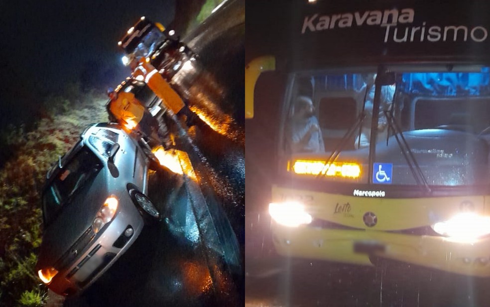 Ônibus de turismo perde controle e causa engavetamento na BR-459, em Itajubá — Foto: Polícia Militar Rodoviária