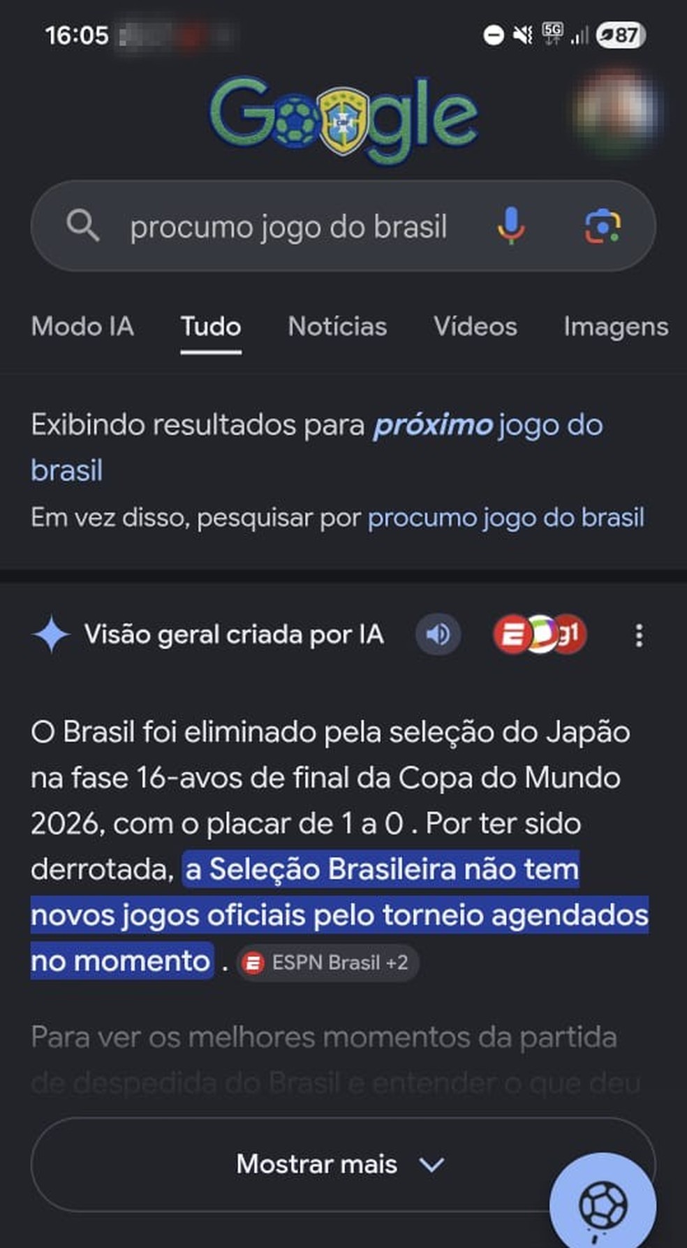 IA do Google mostrou Brasil eliminado pelo Japão antes do fim do jogo — Foto: Reprodução