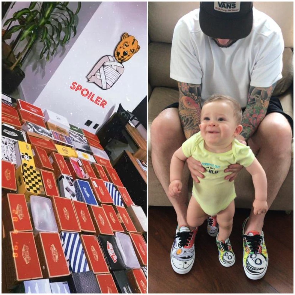 À esquerda, parte da coleção de Bob. À direita, ele com seu sobrinho quando ainda era bebê. — Foto: Arquivo pessoal