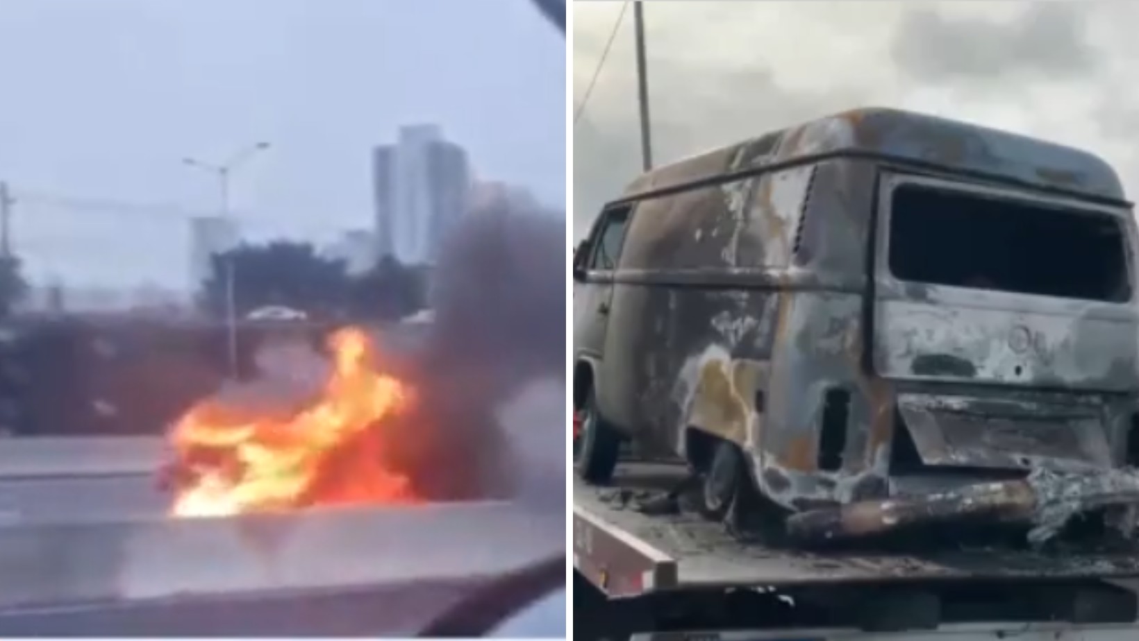 VÍDEO: Kombi fica destruída após pegar fogo na Dutra, em São José dos Campos