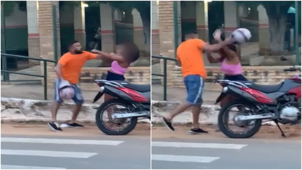 Homem agride mulher com soco e golpe de capacete — Foto: TV Verdes Mares/Reprodução