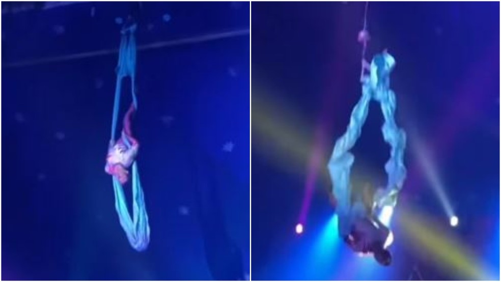 Cabo de sustentação cede e faz acrobata cair do alto de lona durante apresentação em circo na cidade de Russas. — Foto: Reprodução
