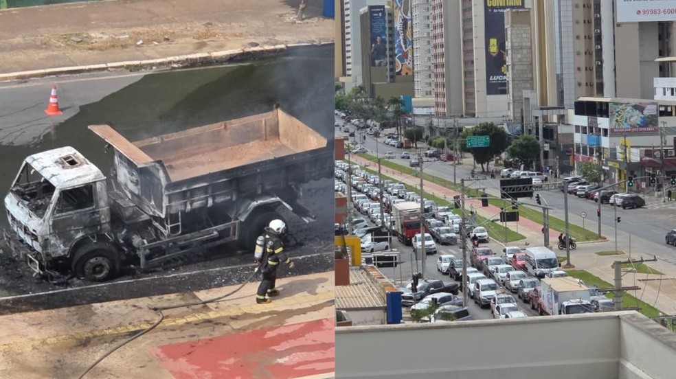 Incêndio em caminhão para trânsito na Avenida do CPA em Cuiabá — Foto: Dejane Arnhold
