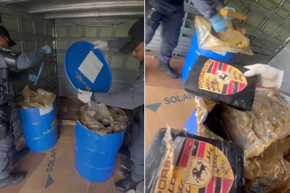 Tabletes de drogas estavam escondidos em dois tambores — Foto: Polícia Rodoviária/Divulgação