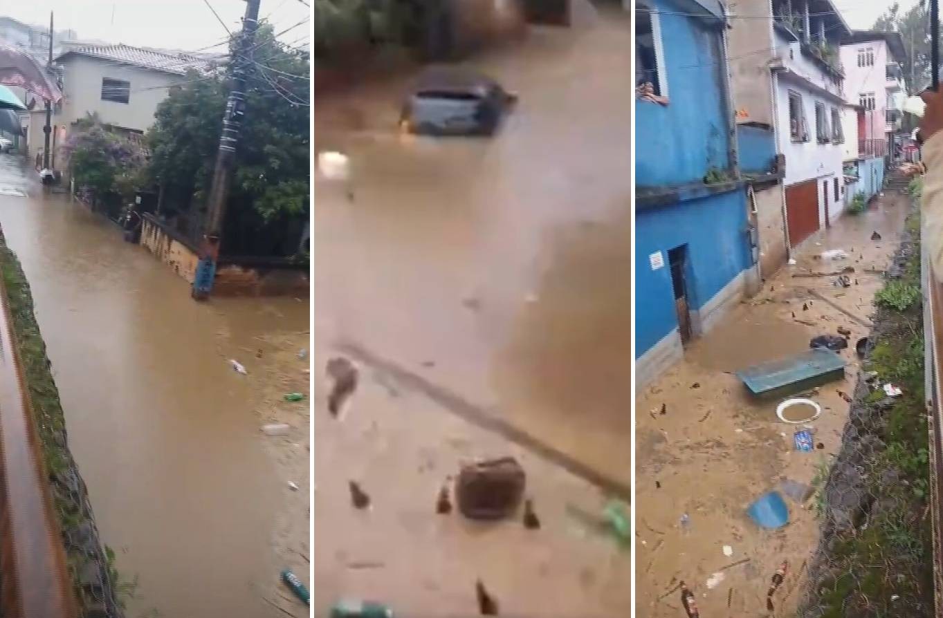 Chuva em Mariana alaga ruas, invade carros e deixa pessoas ilhadas; veja vídeo
