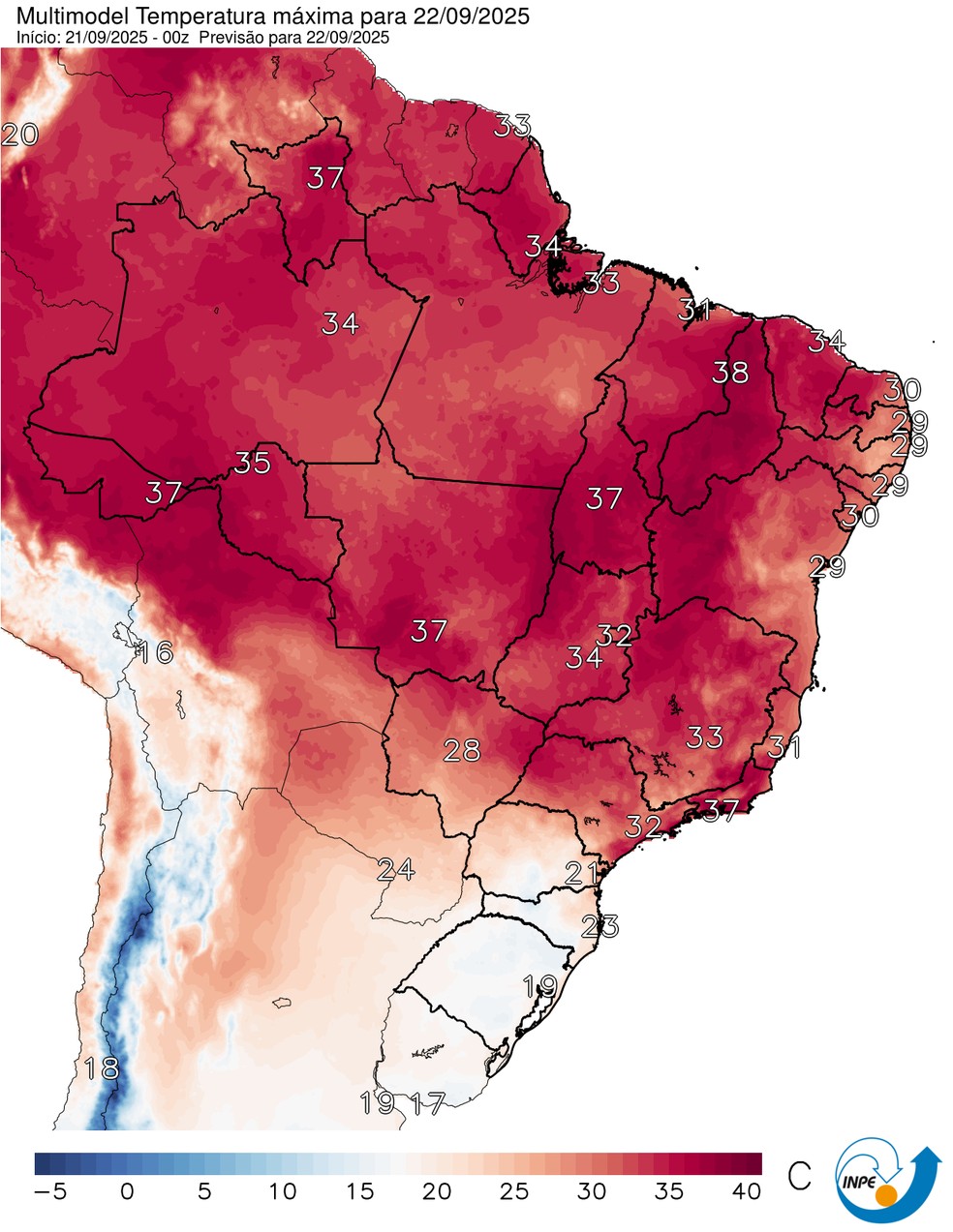 Mapa mostra previs�o de temperatura m�xima para esta segunda (22). &mdash; Foto: CPTEC/Inpe