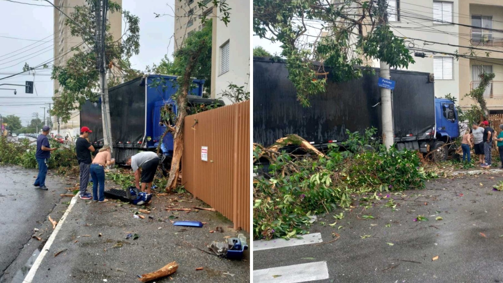 Caminhão invade muro de condomínio, em São José dos Campos