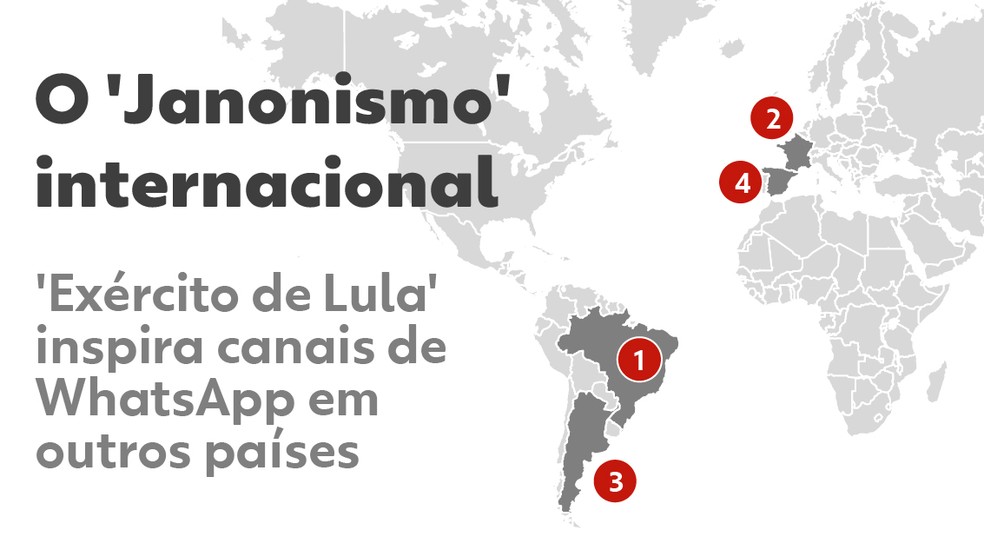 Movimentos de esquerda adotam a estratégia de Janones ao redor do mundo. — Foto: Elaboração g1.
