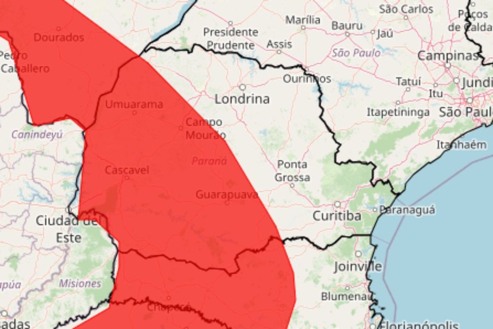 Inmet emitiu aviso de grande perigo de tempestade para 220 cidades do Paraná. — Foto: Inmet