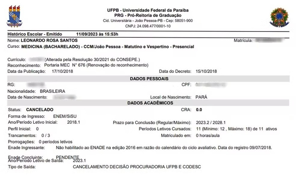 Justia cancela matrcula de estudante de medicina, na UFPB  Foto: Reproduo
