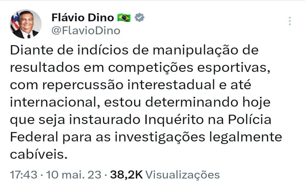 Ministro afirmou nas redes sociais que investigar manipulação dos jogos - Goiás — Foto: Reprodução/Redes socias