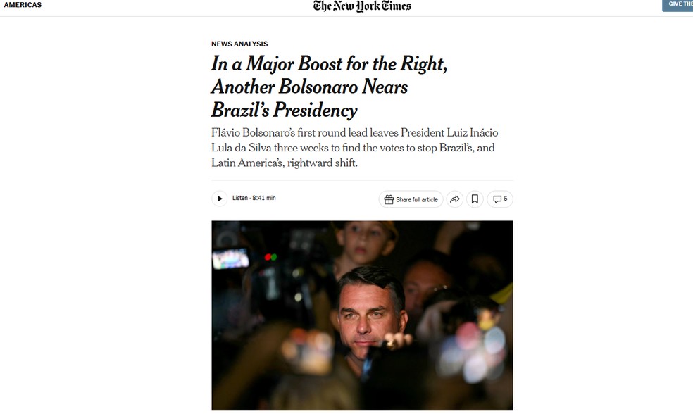 Análise do jornal "The New York Times" fala do 1º turno das eleições brasileiras, em 5 de outubro de 2026. — Foto: Reprodução/ The New York Times