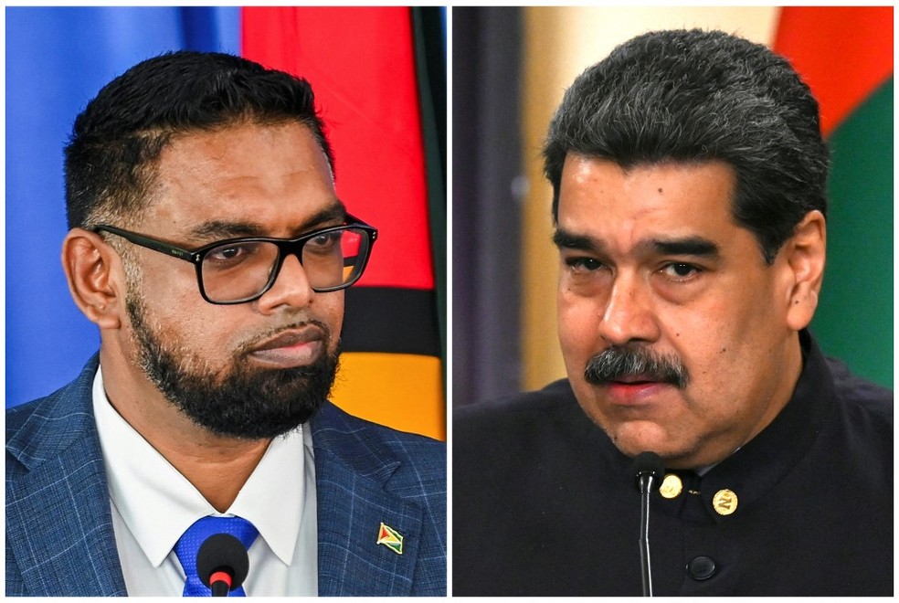 Irfaan Ali, presidente da Guiana, e Nicolas Maduro, presidente da Venezuela — Foto: Federico Parra, Keno George/ AFP