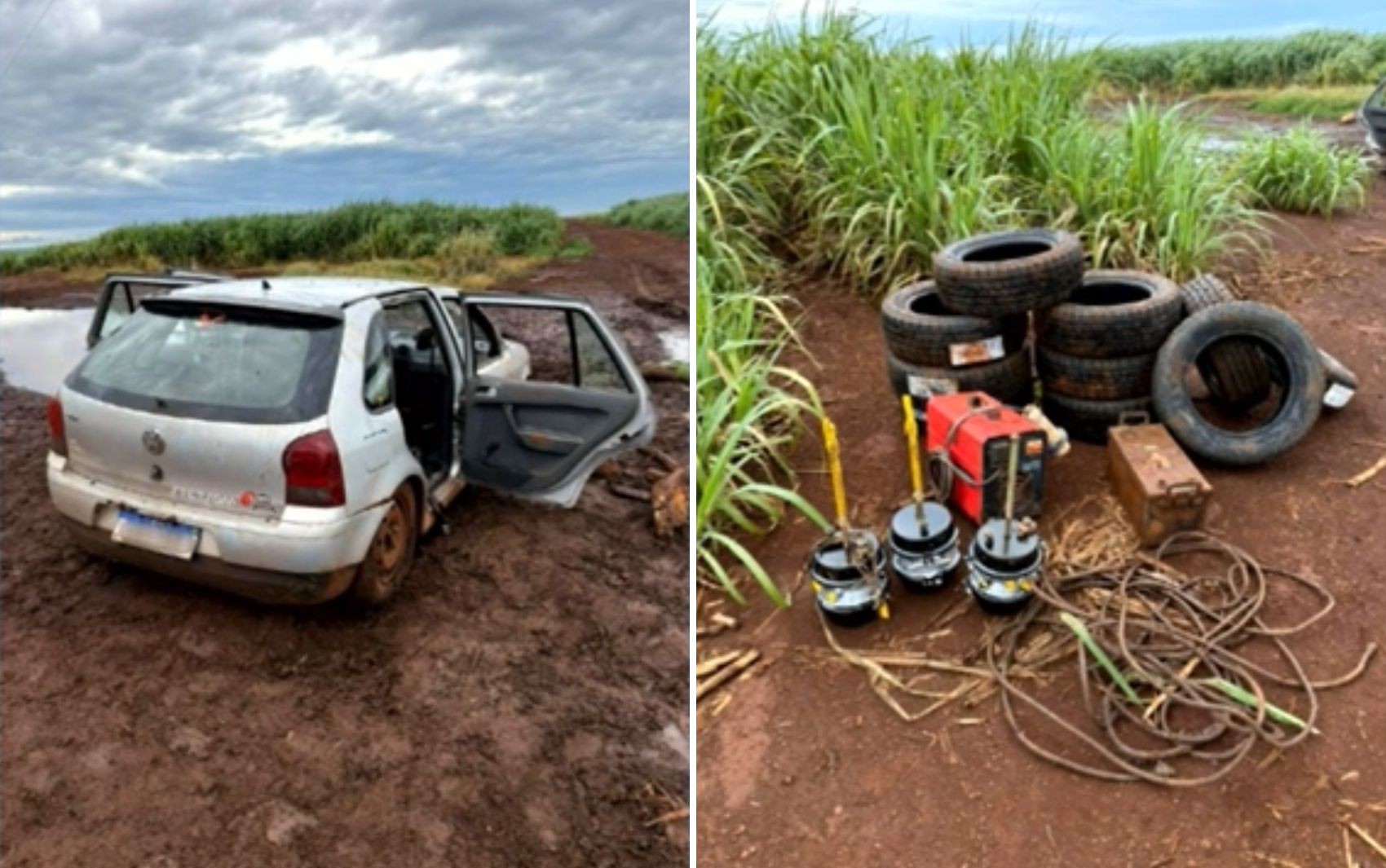 Dois homens suspeitos de furto em usina são encontrados com carro atolado no meio do canavial, em Itumbiara