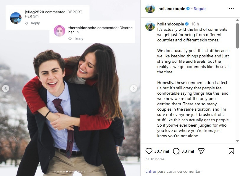 Influenciadora brasileira diz ser alvo de xenofobia ao postar fotos com marido dos EUA: 'Por que não acha uma mulher branca?'