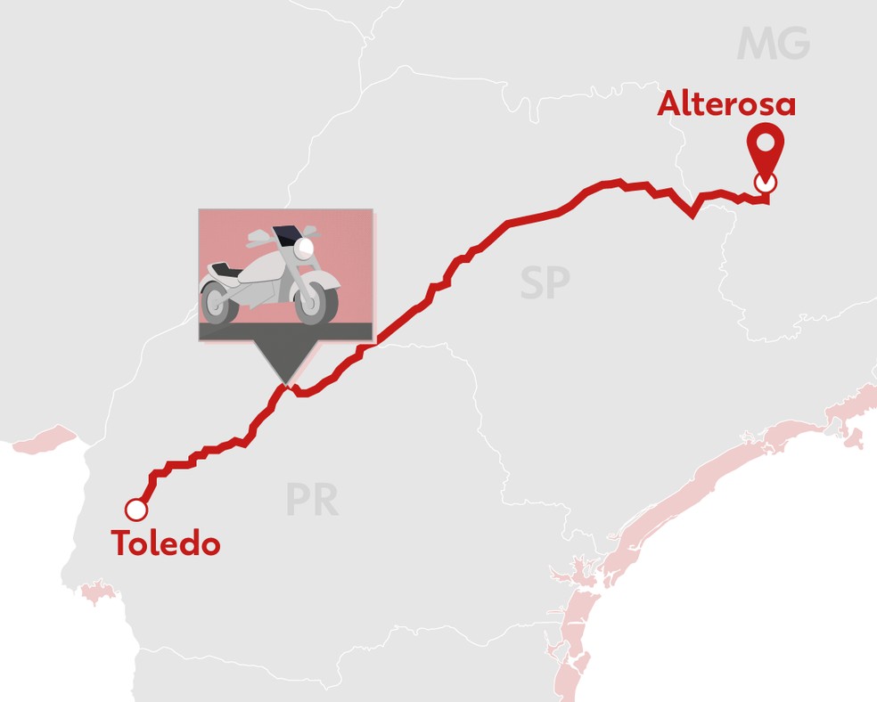 Distância de Alterosa, onde a multa foi registrada, e Toledo, onde a família mora, é de 1.016 km — Foto: Gabriel Trinetto Pedrão/RPC/Artes