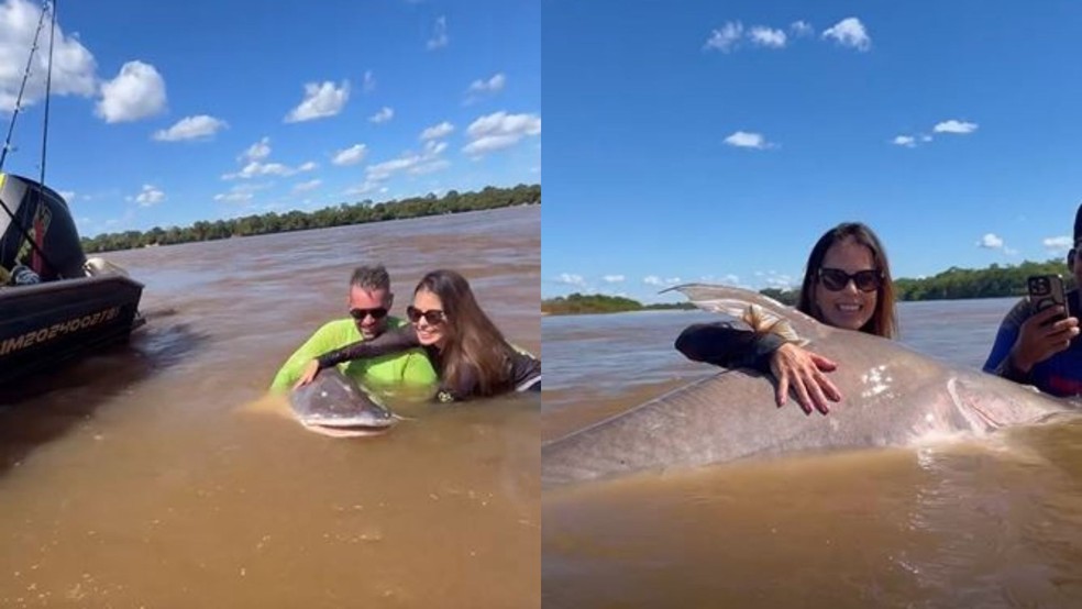 Heitor Caetano e a esposa Joyce Bernardino praticam pesca esportiva � Foto: Reprodu��o/Instagram Heitor