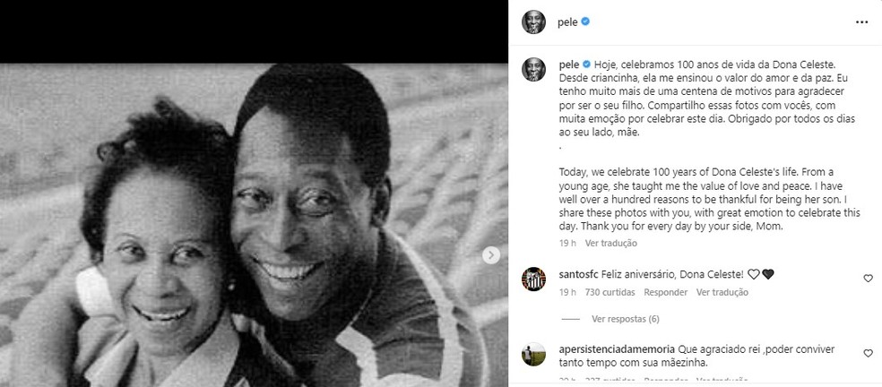 Mãe de Pelé completa 100 anos e rei do futebol faz homenagem nas redes sociais. — Foto: Reprodução/ Instagram