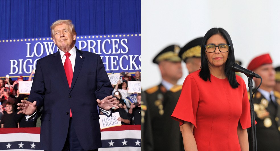 O presidente dos Estados Unidos, Donald Trump, e a presidente interina da Venezuela, Delcy Rodríguez — Foto: REUTERS/Kevin Lamarque / Wendys Olivo/Palácio Miraflores/Divulgação via REUTERS