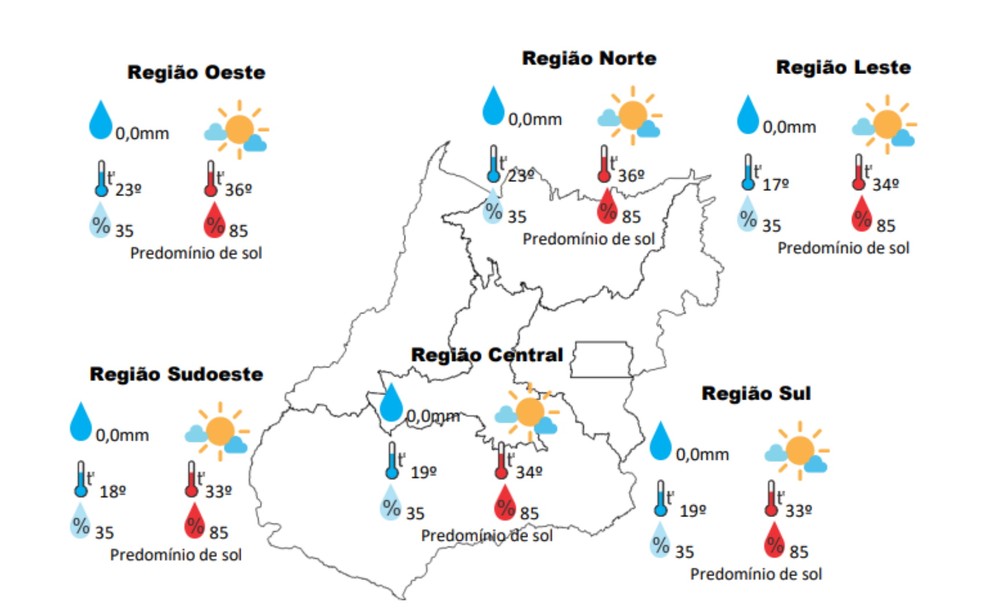 Previsão do tempo para as regiões de Goiás no domingo, 28 de abril de 2024, segundo o Cimehgo — Foto: Reprodução/Cimehgo