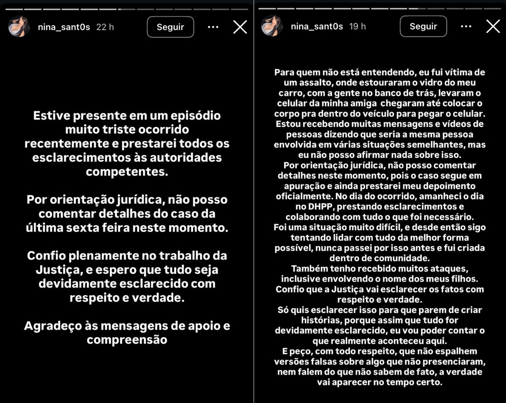 Postagens da influenciadora digital Nina Santos - Imagem: Reprodução / Instagram / @nina_sant0s