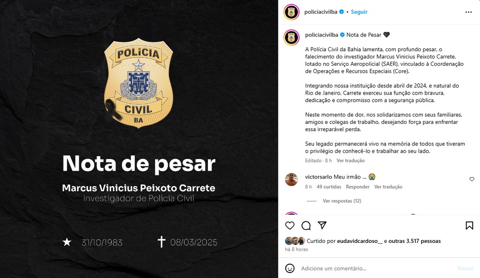 Polícia Civil emite nota de pesar pela morte do investigador Marcus Vinicius Peixoto Carrete. — Foto: Redes sociais