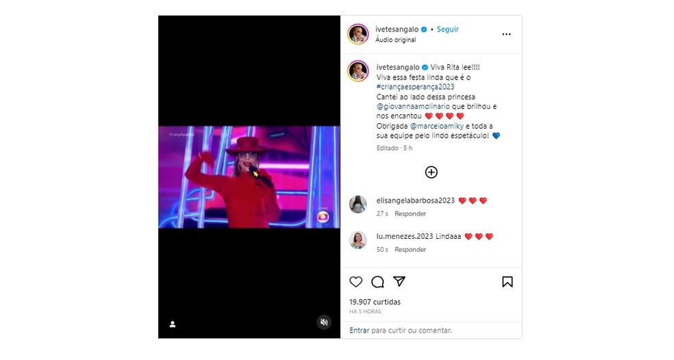 Ivete Sangalo também homenageou a cantora Rita Lee, ao cantar "Saúde", com a ex-integrante Giovanna Amolinário. — Foto: Reprodução  / Redes Sociais