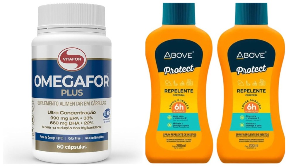 Suplemento de ômega-3 e repelente que tiveram lotes suspensos pela Anvisa. — Foto: Reprodução