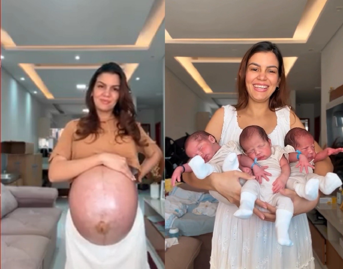 'Espera aí, tem mais um!': mãe de trigêmeos viraliza com antes e depois e relembra surpresa ao descobrir que seriam três bebês