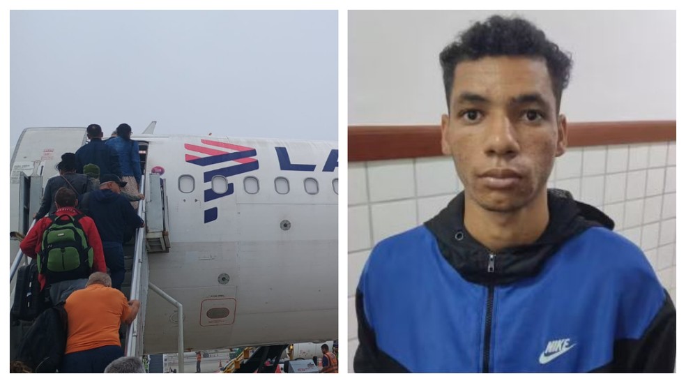 Policiais e Alessandro Martins dos Santos (à esquerda) embarcam em avião na BA com destino em SP. Homem é suspeito de participar de estupro coletivo de crianças na capital paulista — Foto: Reprodução/Polícia Civil de SP e GCM Brejões