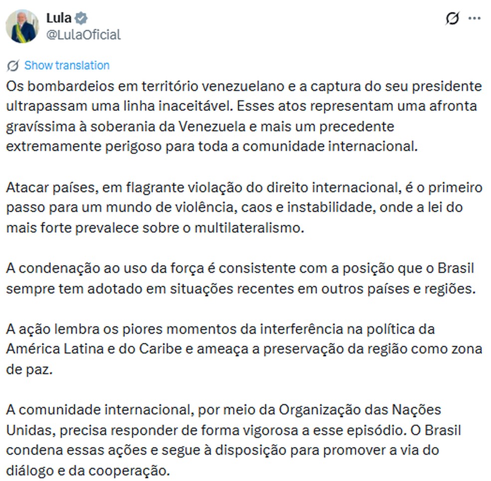Print de post de Lula sobre ataque dos EUA à Venezuela — Foto: Reprodução/Redes sociais