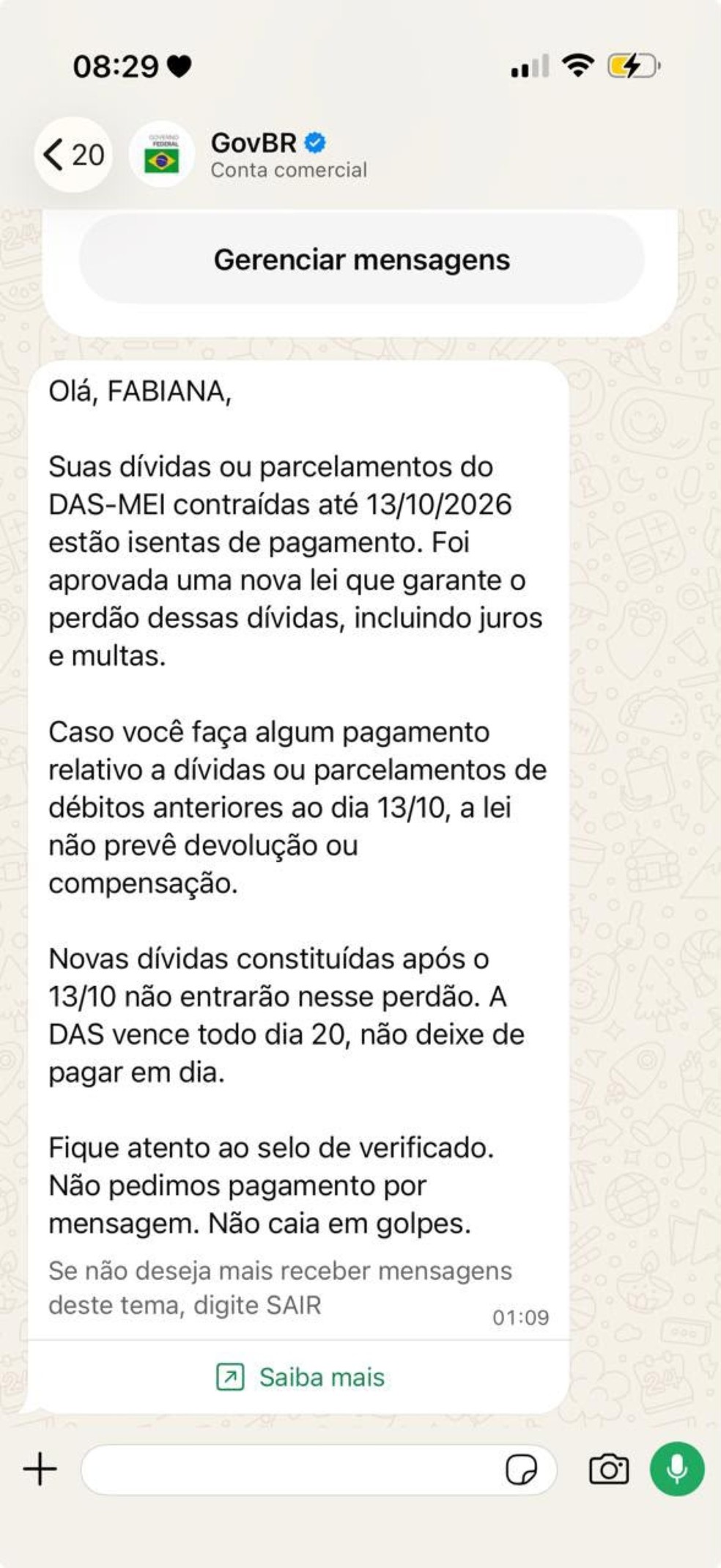 Mensagem recebida por MEI. — Foto: Divulgação/MEMP