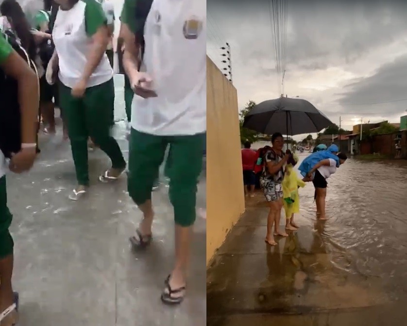 Vídeo: escola alaga e mães carregam alunos nas costas em rua coberta de água após forte chuva em Piracuruca