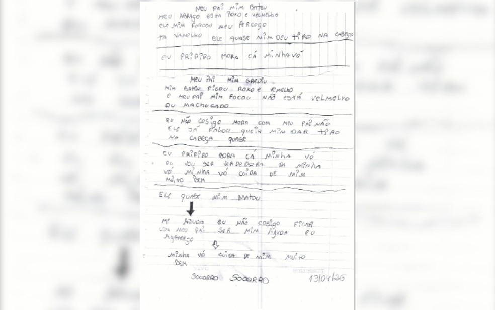 Adolescente pede socorro em bilhete enviado a colega ao revelar ter sido agredida pelo pai em Aparecida de Goiânia, Goiás — Foto: Reprodução/TV Anhanguera