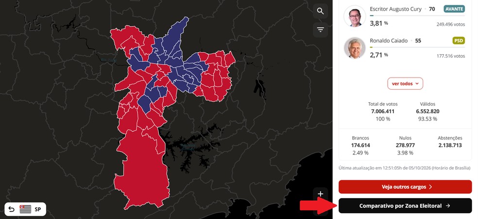 Mapa da apuração em São Paulo: onde buscar o campo 'Comparativo por Zona Eleitoral' — Foto: Reprodução/g1