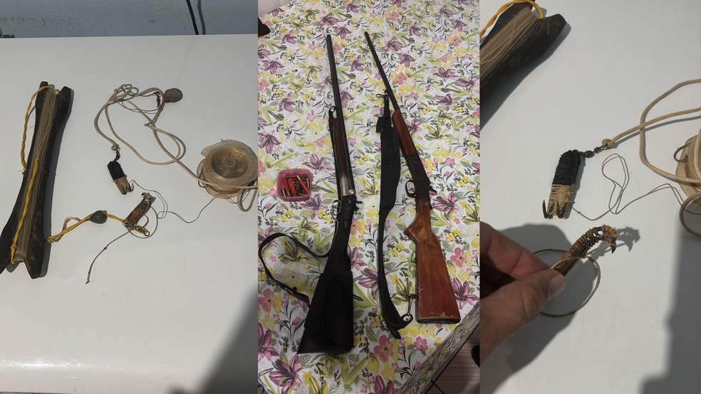 Armas e outros objetos usados para a caça apreendidos na operação desta quarta-feira (30) — Foto: Reprodução