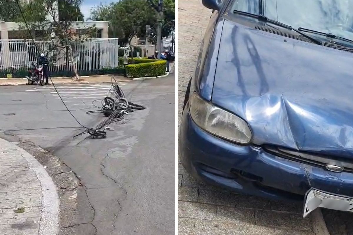 Fiação cai e atinge capô de carro em avenida de Campinas; VÍDEO